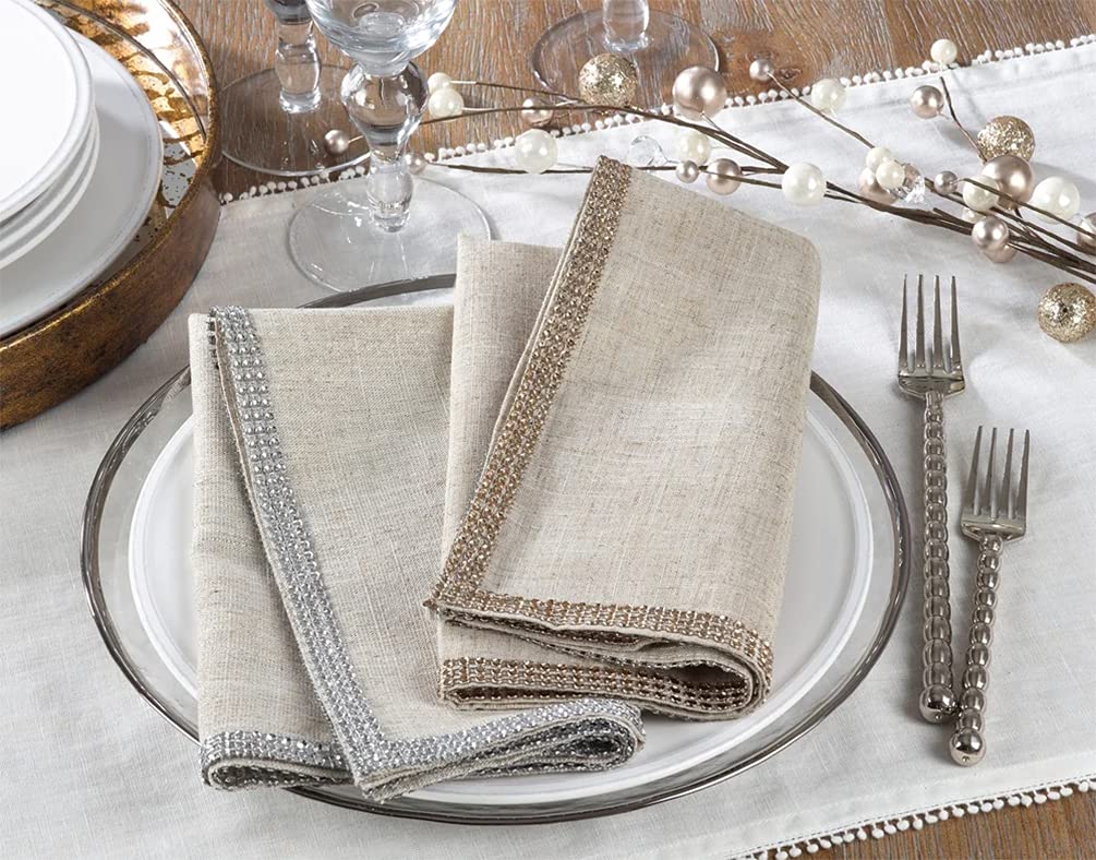 Elegant Lily Collection Studded Design Cloth Napkins 20" W x 20" L, Set of 4 - White Rhinestone Dinner Napkins for Dining Table, Banquets, Family Gathering and Special Occasion