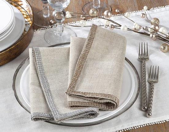 Elegant Lily Collection Studded Design Cloth Napkins 20" W x 20" L, Set of 4 - White Rhinestone Dinner Napkins for Dining Table, Banquets, Family Gathering and Special Occasion