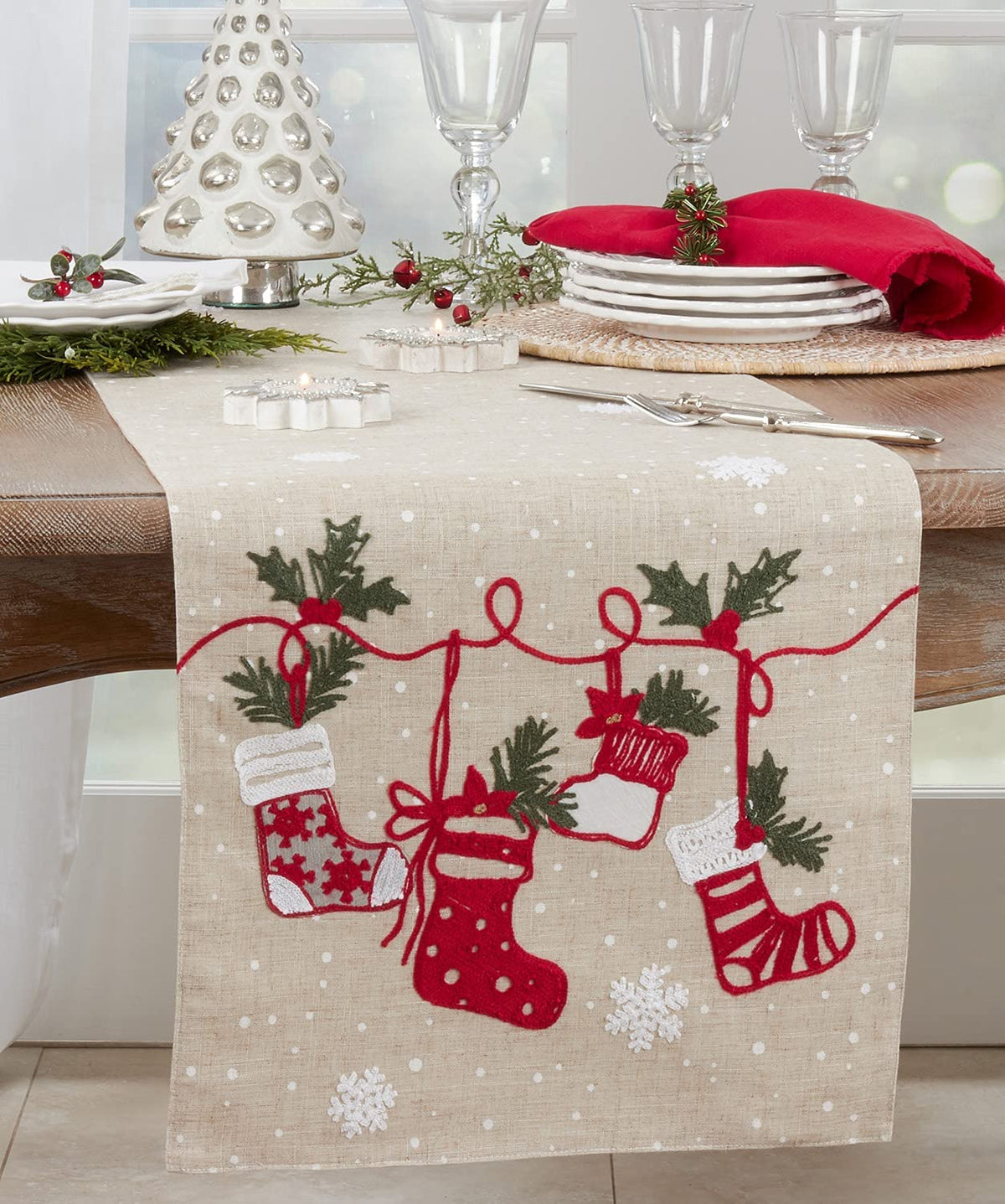 Embroidered Christmas Stocking Table Runner 16" W x 70" L — decorative table accent for dining room styling seasonal decorating choice