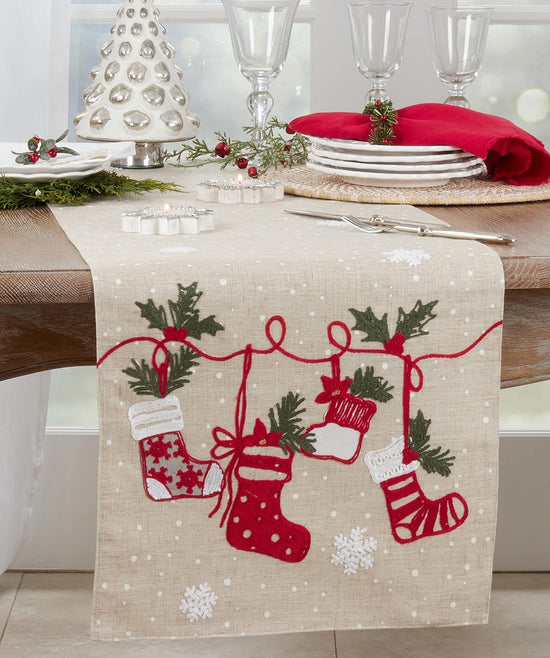Embroidered Christmas Stocking Table Runner 16" W x 70" L — decorative table accent for dining room styling seasonal decorating choice
