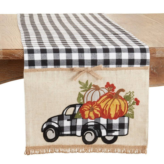 Plaid Truck & Pumpkins Design Linen Blend Table Runner 16" W X 70" L — table setting accent for dining and special occasions