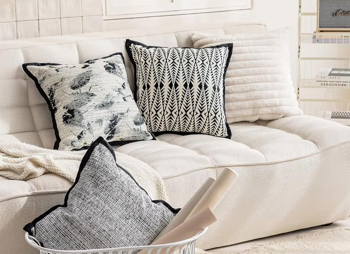 Art Style Leaf Feather Design Jacquard Throw Pillow Cover 18" W X 18" L – Black Woven Square Cushion Case for Couch, Sofa, Bedroom, Office and Living Room Décor