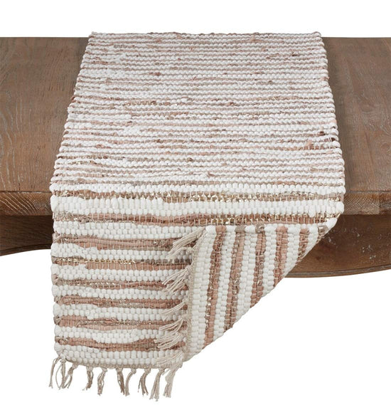 Foil Striped Cotton Leather Woven Chindi Tassel Table Runner 16 x 72 Inch - Gold Metallic Table Cover for Home, Dining Room Décor, Banquets, Family Gathering and Special Occasion