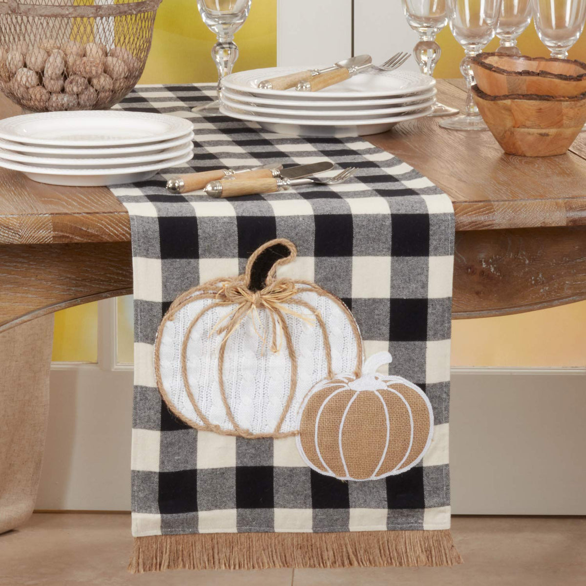 Buffalo Plaid Harvest Pumpkin Fringe Table Runner 14" W X 72" L — table setting accent for dining and special occasions home styling accent