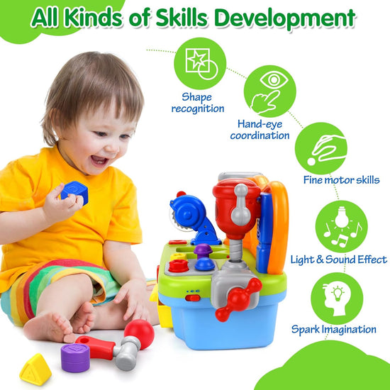 Toys for 1 Year Old Boy, Musical Toddler Tool Bench, Montessori Educational Toys with Sound Lights Effect, Shape Sorter, One Year Old Boy Birthday Gift, Engineer Pretend Play Workbench
