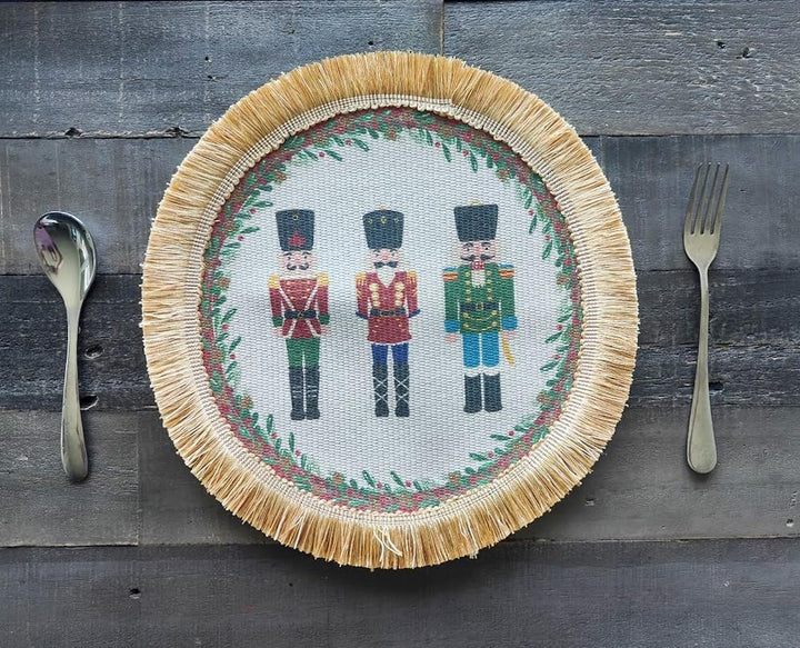 Fennco Styles Nutcracker Fringe Holiday Placemats 13" Round, Set of 4 - Multicolored Soldier Print Festive Table Mats for Christmas Décor, Banquet, Family Gathering and Special Events