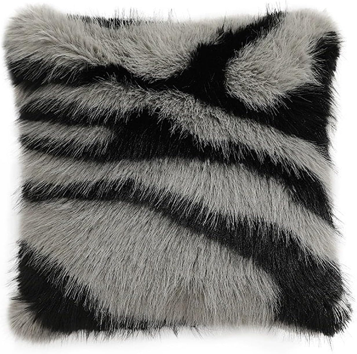 Zebra Stripe Faux Fur Animal Design Decorative Throw Pillow Cover 18" W x 18" L – Grey Plush Cushion Case for Couch, Bedroom, Living Room and Office Décor