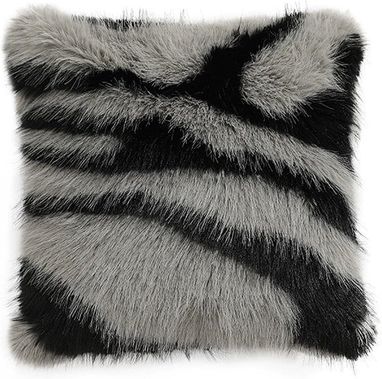 Zebra Stripe Faux Fur Animal Design Decorative Throw Pillow Cover 18" W x 18" L – Grey Plush Cushion Case for Couch, Bedroom, Living Room and Office Décor