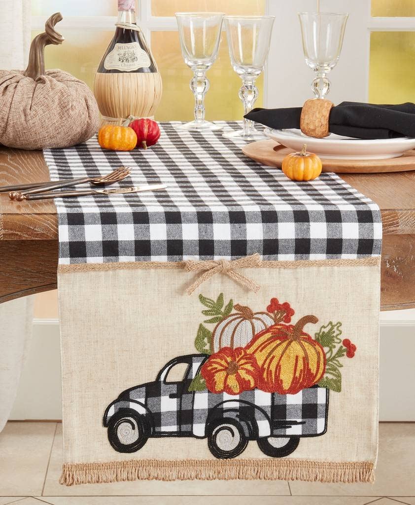 Plaid Truck & Pumpkins Design Linen Blend Table Runner 16" W X 70" L — dining table decor for home entertaining online gift shop find