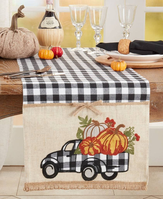 Plaid Truck & Pumpkins Design Linen Blend Table Runner 16" W X 70" L — dining table decor for home entertaining online gift shop find