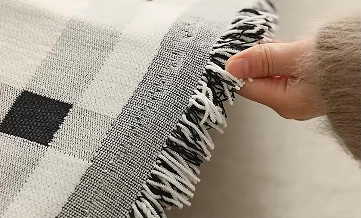 Checkered Fringe Chenille Reversible Throw Blanket 50" W x 72" L — decorative throw blanket for sofa couch and bedroom gift-ready decor idea