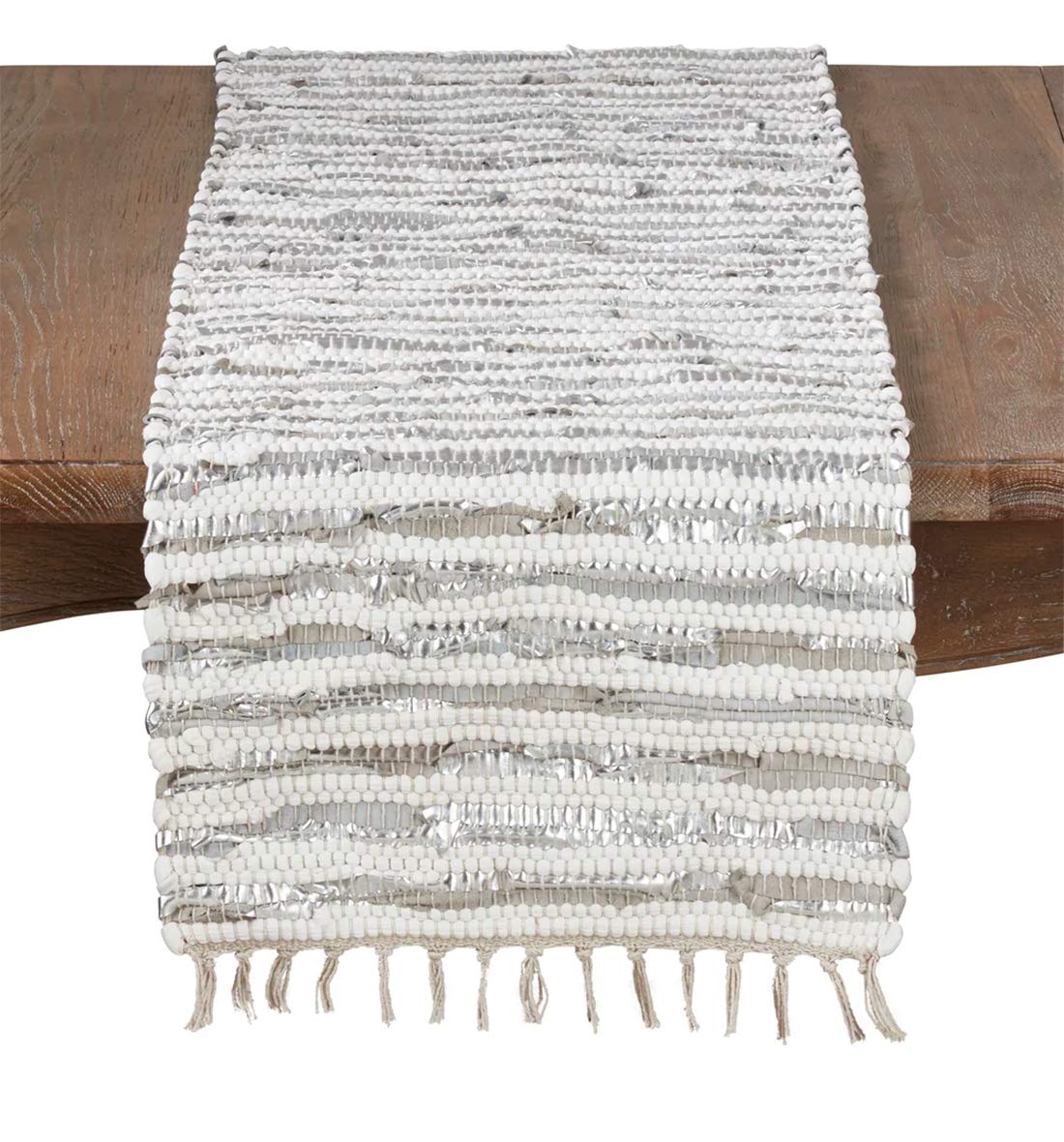 Fennco Styles Foil Striped Cotton Leather Woven Chindi Tassel Table Runner 16 x 72 Inch - Gold Metallic Table Cover for Home, Dining Room Décor, Banquets, Family Gathering and Special Occasion