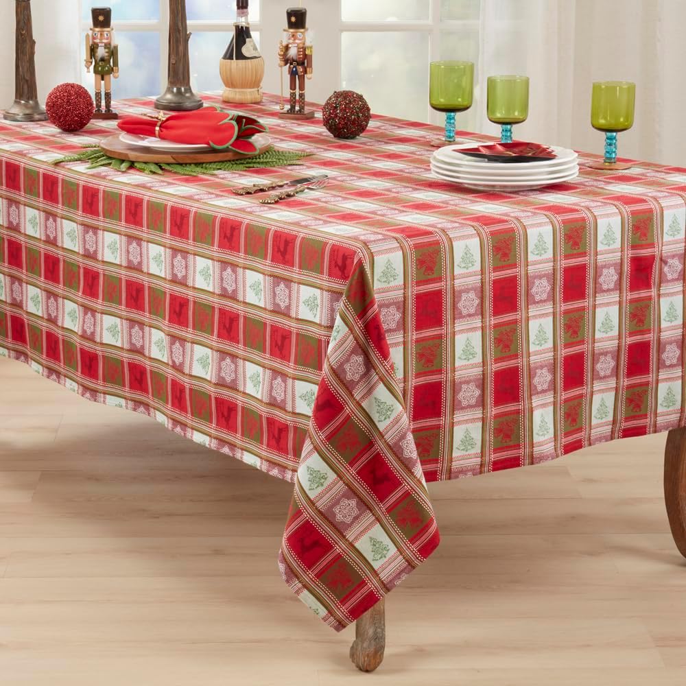 Holiday Plaid Jacquard Cotton Tablecloth 63" X 84" — dining room accent for seasonal table styling online gift shop find
