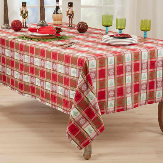 Holiday Plaid Jacquard Cotton Tablecloth 63" X 84" — dining room accent for seasonal table styling online gift shop find