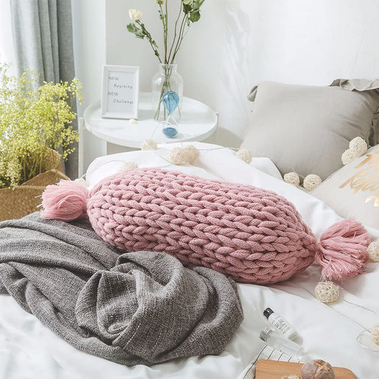 Fennco Styles Candy Shaped Chunky Cable Knitted Decorative Cotton Throw Pillow 12" W x 24" L – Oblong Cushion for Home, Couch, Sofa, Bedroom, Office Décor and Special Occasion