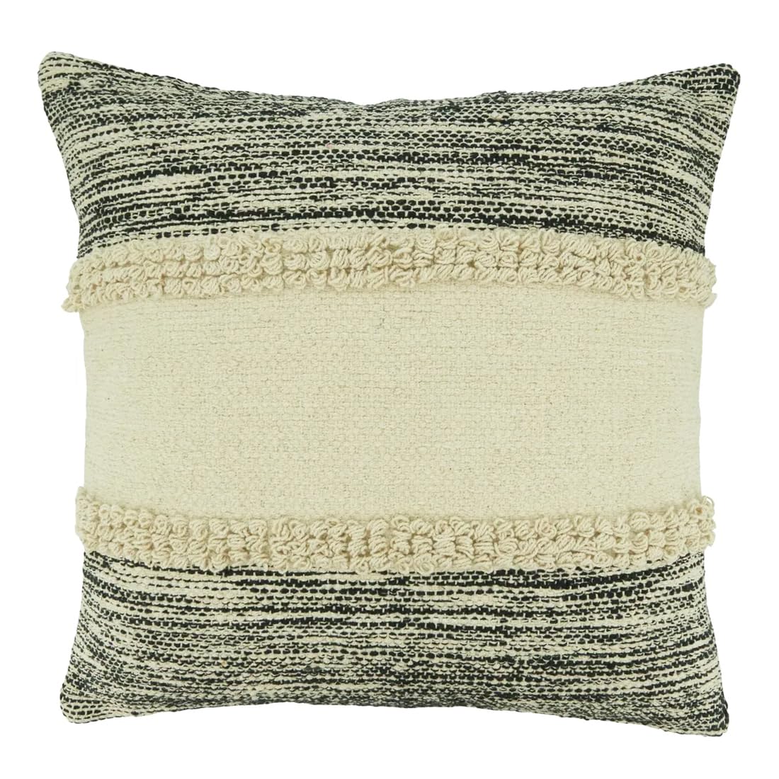 Fennco Styles Stripe Chindi Design Cotton Decorative Throw Pillow 20" W X 20" L – Black & Natural Textured Cushion for Couch, Sofa, Bedroom, Living Room and Office Décor