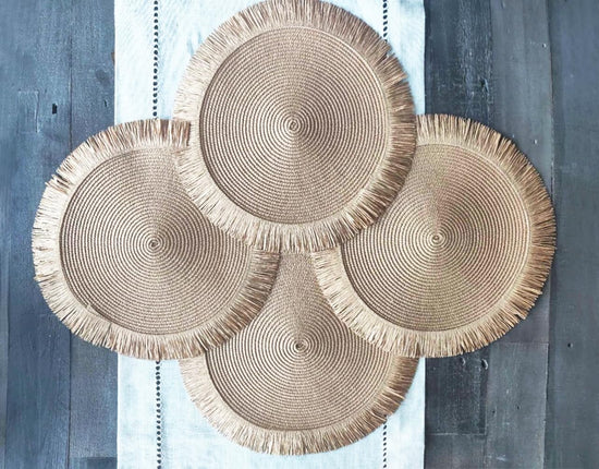 Fennco Styles Handwoven Fringe Boho Placemats 15" Round - Natural Braided Texture Table Mats for Home, Dining Room, Banquets, Family Gathering and Special Occasion