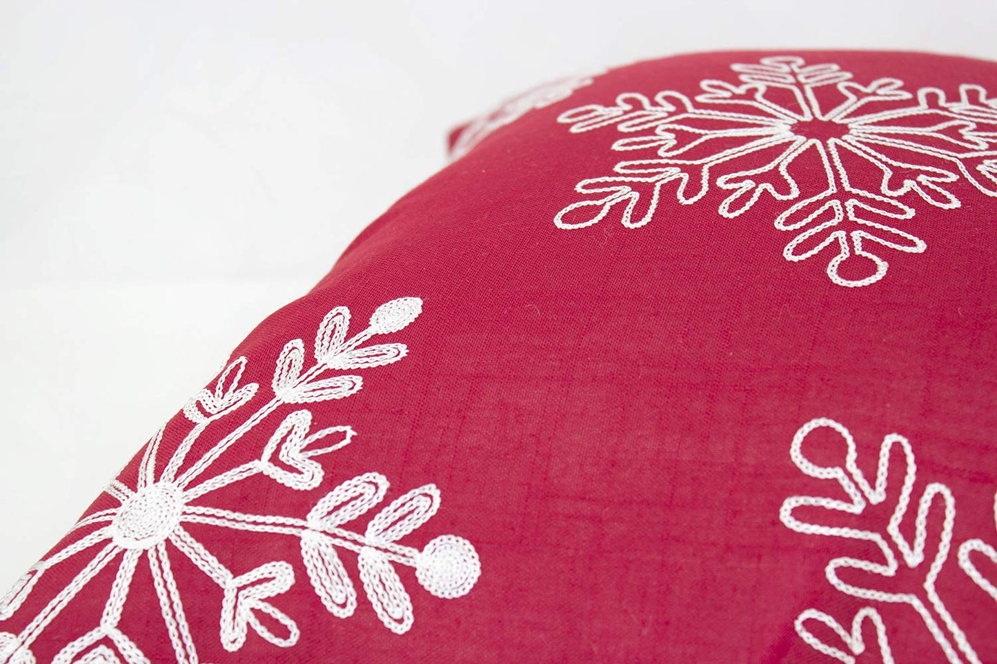 Fennco Styles Embroidered White Snowflake Christmas Decorative Throw Pillow Cover 18 x 18 Inch - Red Pillow Case for Holiday Décor, Couch, Living Room and Bedroom Décor