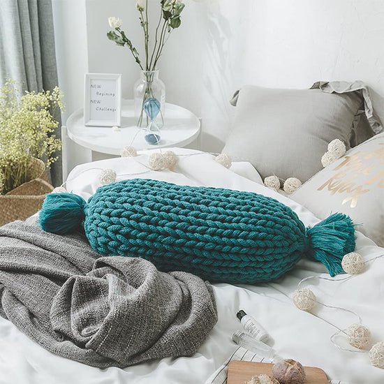 Fennco Styles Candy Shaped Chunky Cable Knitted Decorative Cotton Throw Pillow 12" W x 24" L – Oblong Cushion for Home, Couch, Sofa, Bedroom, Office Décor and Special Occasion