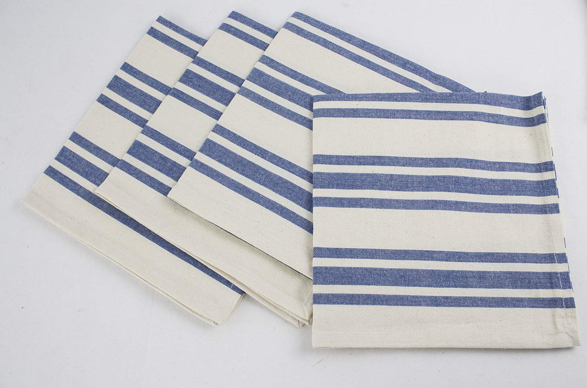 Dauphine Collection Farmhouse Striped Cotton 20 x 20 Inch Cloth Napkins, Set of 4 - French Blue Dinner Napkins for Dining Table, Banquet, BBQ Table and Family Dinner