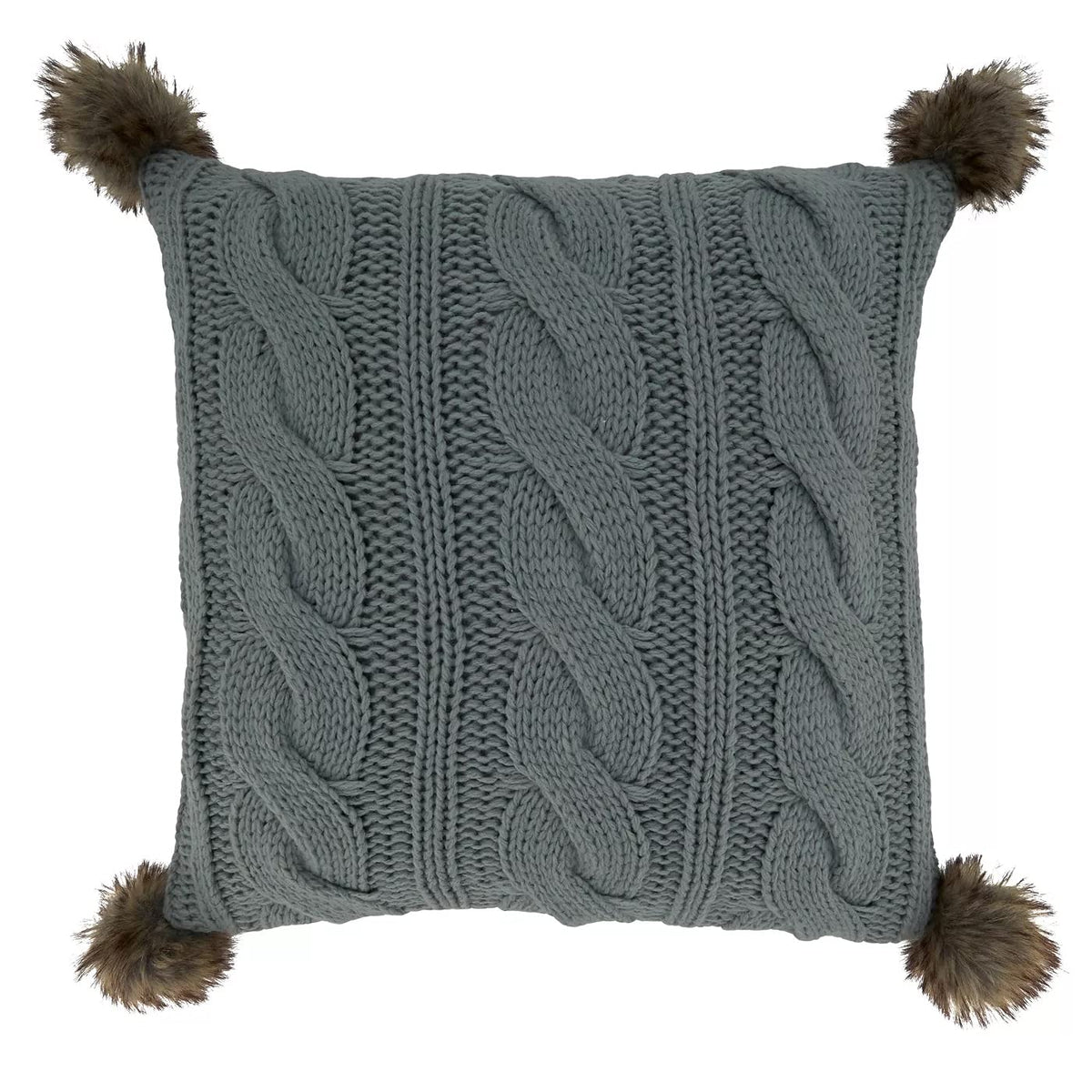 Fennco Styles Classic Cable Knitted Pom Pom Decorative Throw Pillow 18" W x 18" L – Grey Textured Cushion for Home, Couch, Sofa, Bedroom, Office Décor and Special Occasion