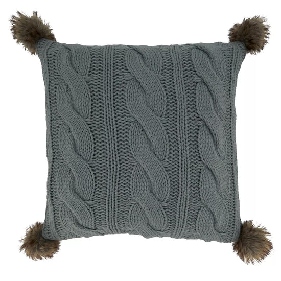Fennco Styles Classic Cable Knitted Pom Pom Decorative Throw Pillow 18" W x 18" L – Grey Textured Cushion for Home, Couch, Sofa, Bedroom, Office Décor and Special Occasion