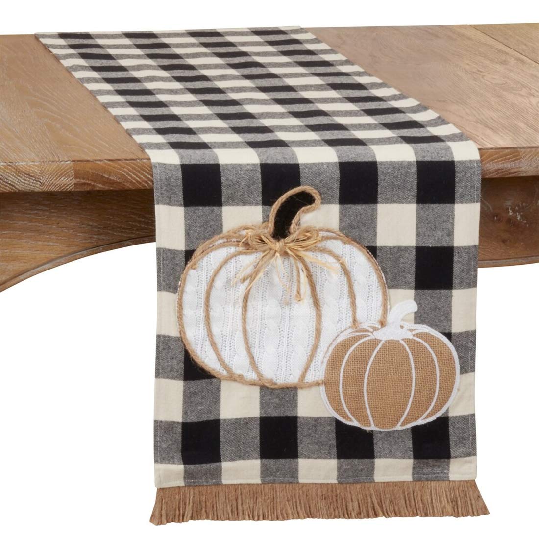 Buffalo Plaid Harvest Pumpkin Fringe Table Runner 14" W X 72" L — table decor for gatherings holidays and entertaining