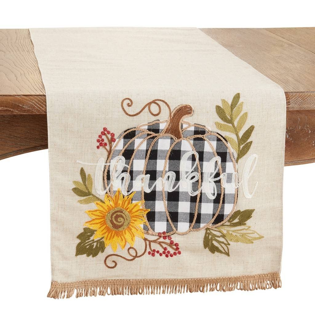 Thankful Design Plaid Pumpkin Linen Blend Table Runner 16" W X 70" L - Natural Holiday Table Cover for Home Décor, Thanksgiving, Banquets, Family Gatherings and Special Occasions