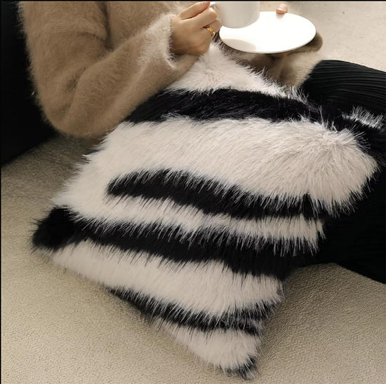 Zebra Stripe Faux Fur Animal Design Decorative Throw Pillow Cover 18" W x 18" L – Grey Plush Cushion Case for Couch, Bedroom, Living Room and Office Décor