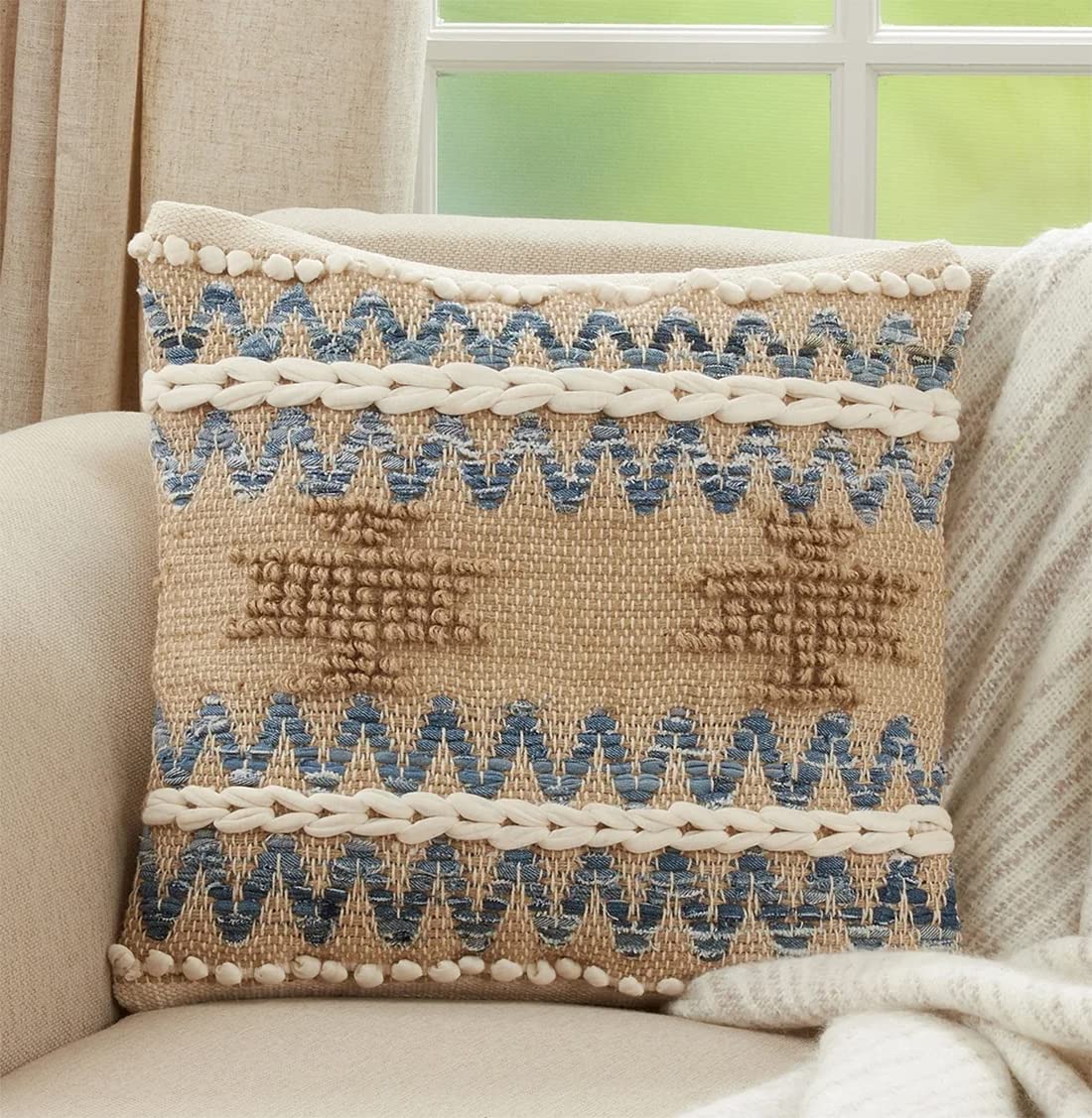 Multi Texture Chindi Cotton Jute Decorative Throw Pillow 18" W x 18" L - Natural Square Cushion for Home, Couch, Living Room, Bedroom, Office and Holiday Décor