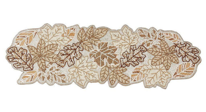 Hand Beaded Fall Leaves Table Runner 12" W x 36" L - Gold Elegant Autumn Table Cover