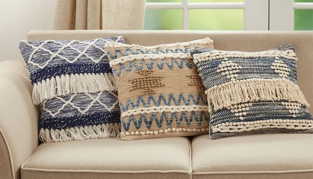 Multi Texture Chindi Cotton Jute Decorative Throw Pillow 18" W x 18" L - Natural Square Cushion for Home, Couch, Living Room, Bedroom, Office and Holiday Décor