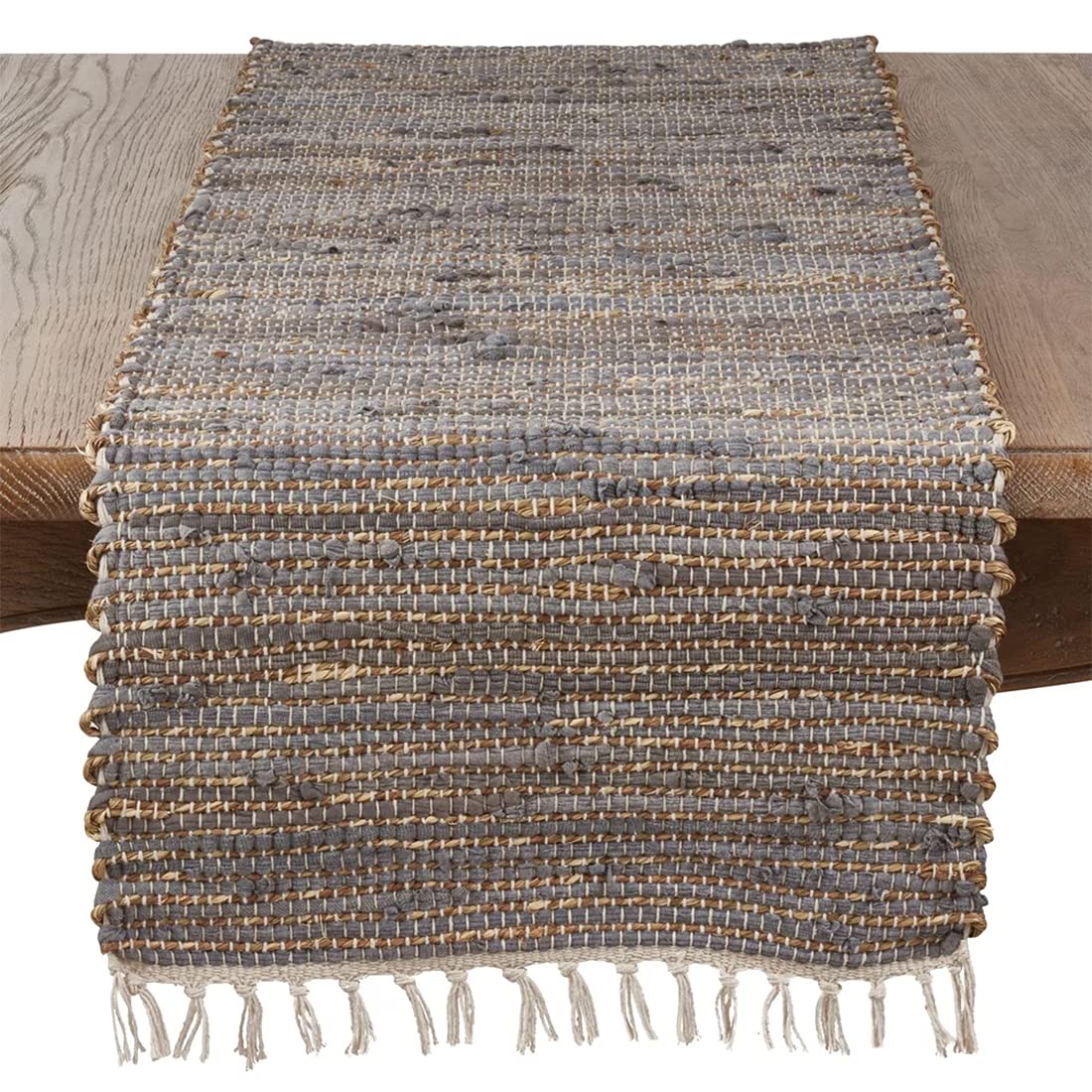 Fennco Styles Chindi Cotton Jute Table Runner with Fringe 16 x 72 Inch - Blue-Grey Table Cover for Home, Dining Room, Banquets, Family Gathering and Special Occasion
