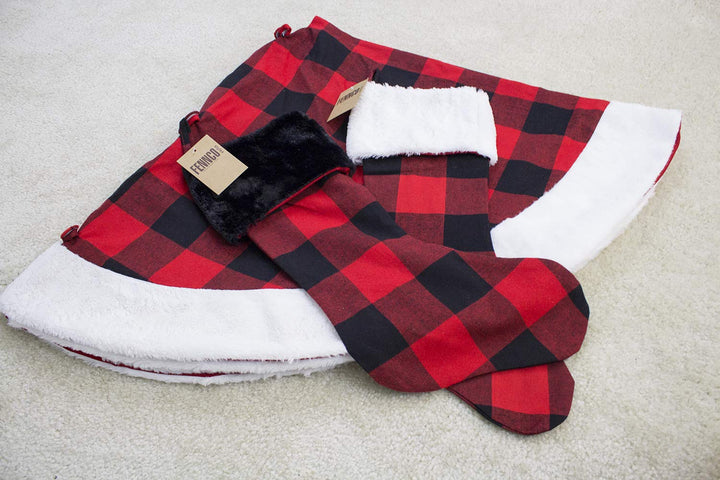 Fennco Styles Red and Black Buffalo Plaid with White Faux Fur Design Christmas Stocking 13" W x 19" L - Festive Hanging Stocking for Home, Christmas Tree, Fireplace, Office and School Décor