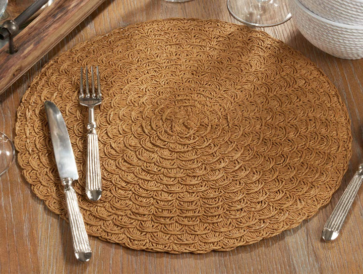 Fennco Styles Natural Design Paper Woven Table Placemats 15 x 15 Round, Set of 4 - Caramel Table Mats for Home Décor, Dining Table, Banquets, Family Gathering and Special Events