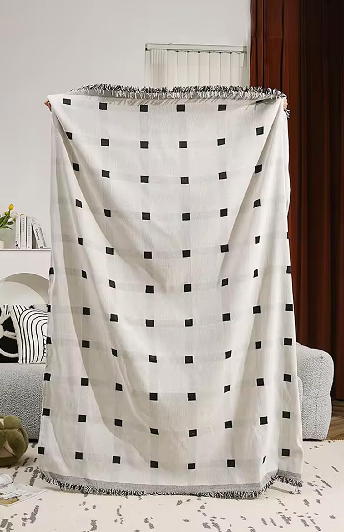 Checkered Fringe Chenille Reversible Throw Blanket 50" W x 72" L — textured throw for couch chair bedroom and home decor seasonal decorating choice