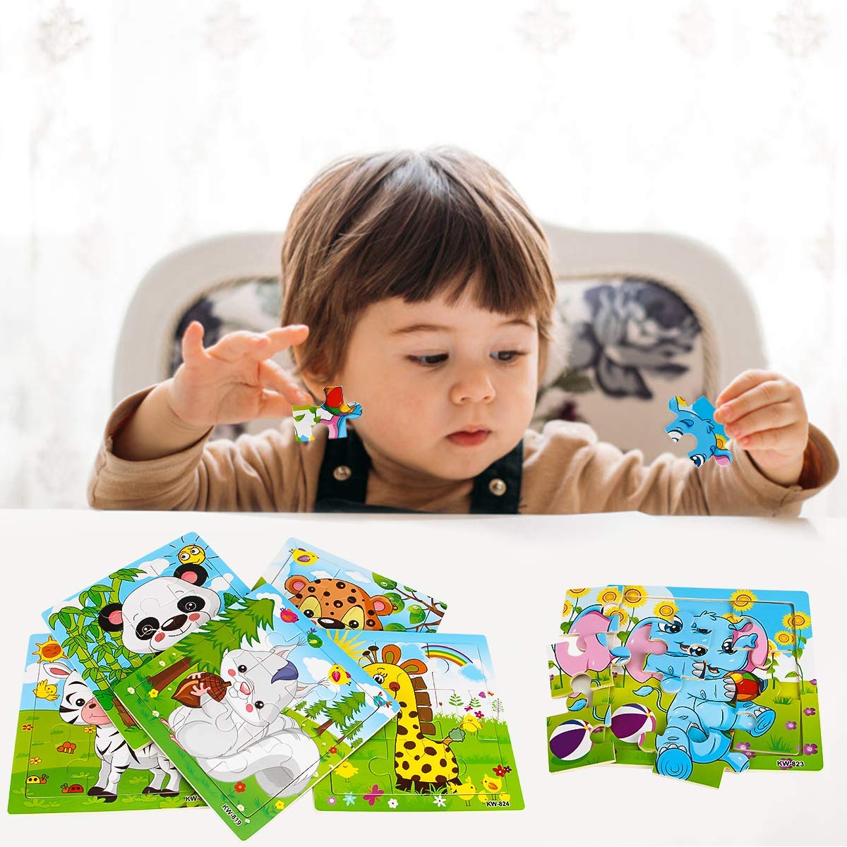 My First Animal Puzzle Adventure, 6 Pack Wooden Montessori Puzzles for Toddlers Ages 3+