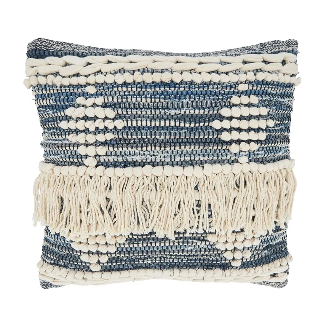 Fennco Styles Diamond Fringe Chindi Cotton Decorative Throw Pillow 18" W x 18" L - Blue Square Cushion for Home, Couch, Living Room, Bedroom, Office and Holiday Décor