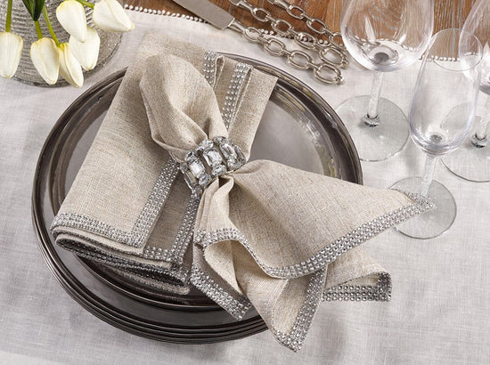 Elegant Lily Collection Studded Design Cloth Napkins 20" W x 20" L, Set of 4 - White Rhinestone Dinner Napkins for Dining Table, Banquets, Family Gathering and Special Occasion