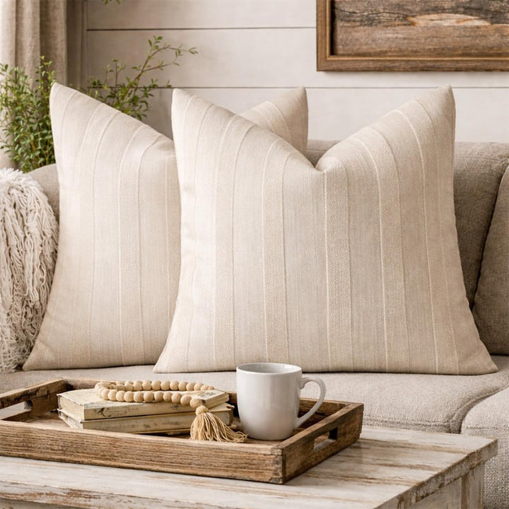 Fennco Styles Light Beige Textured Striped Throw Pillow Cover 18" X 18" - Modern Accent Pillow Case for Couch, Home and Neutral Farmhouse Décor, 2-Pack