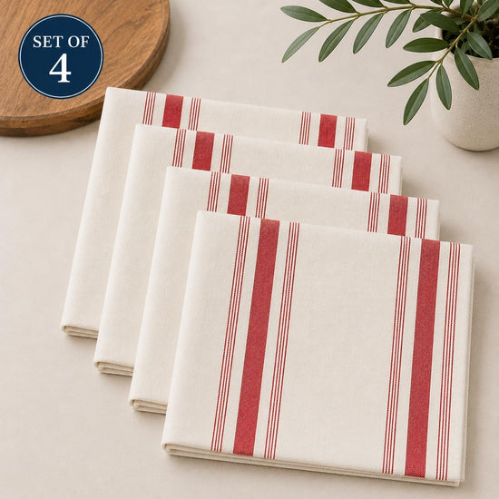 Beige Cotton Cloth Napkins with Red Striped Design 20" X 20", Set of 4 — decorative table accent for dining room styling online gift shop find