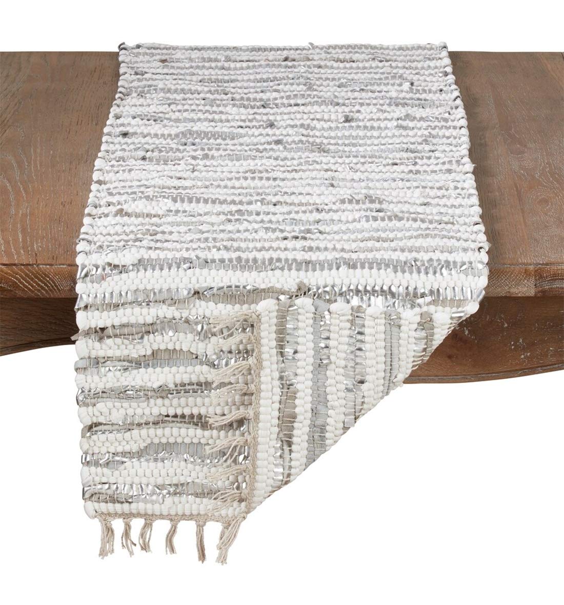Foil Striped Cotton Leather Woven Chindi Tassel Table Runner 16 x 72 Inch - Gold Metallic Table Cover for Home, Dining Room Décor, Banquets, Family Gathering and Special Occasion