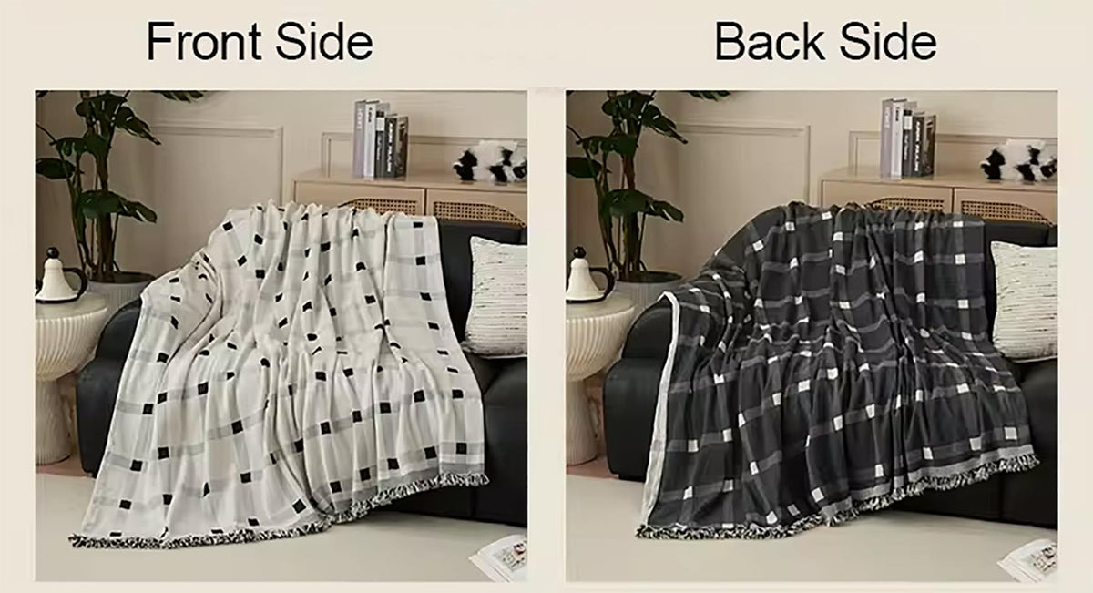 Checkered Fringe Chenille Reversible Throw Blanket 50" W x 72" L — decorative blanket for cozy living room styling home styling accent