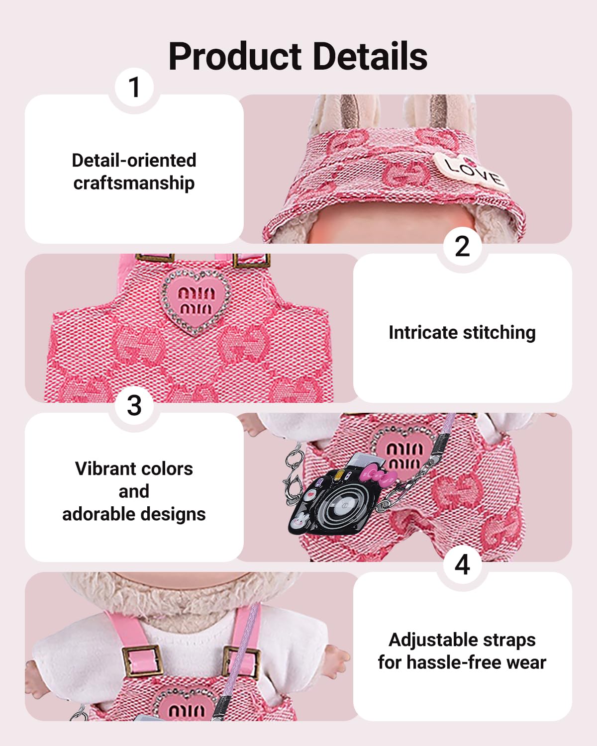 4 Piece Doll Clothes Set for 15cm-17cm Dolls - Outfit with Overalls Hat & Bag