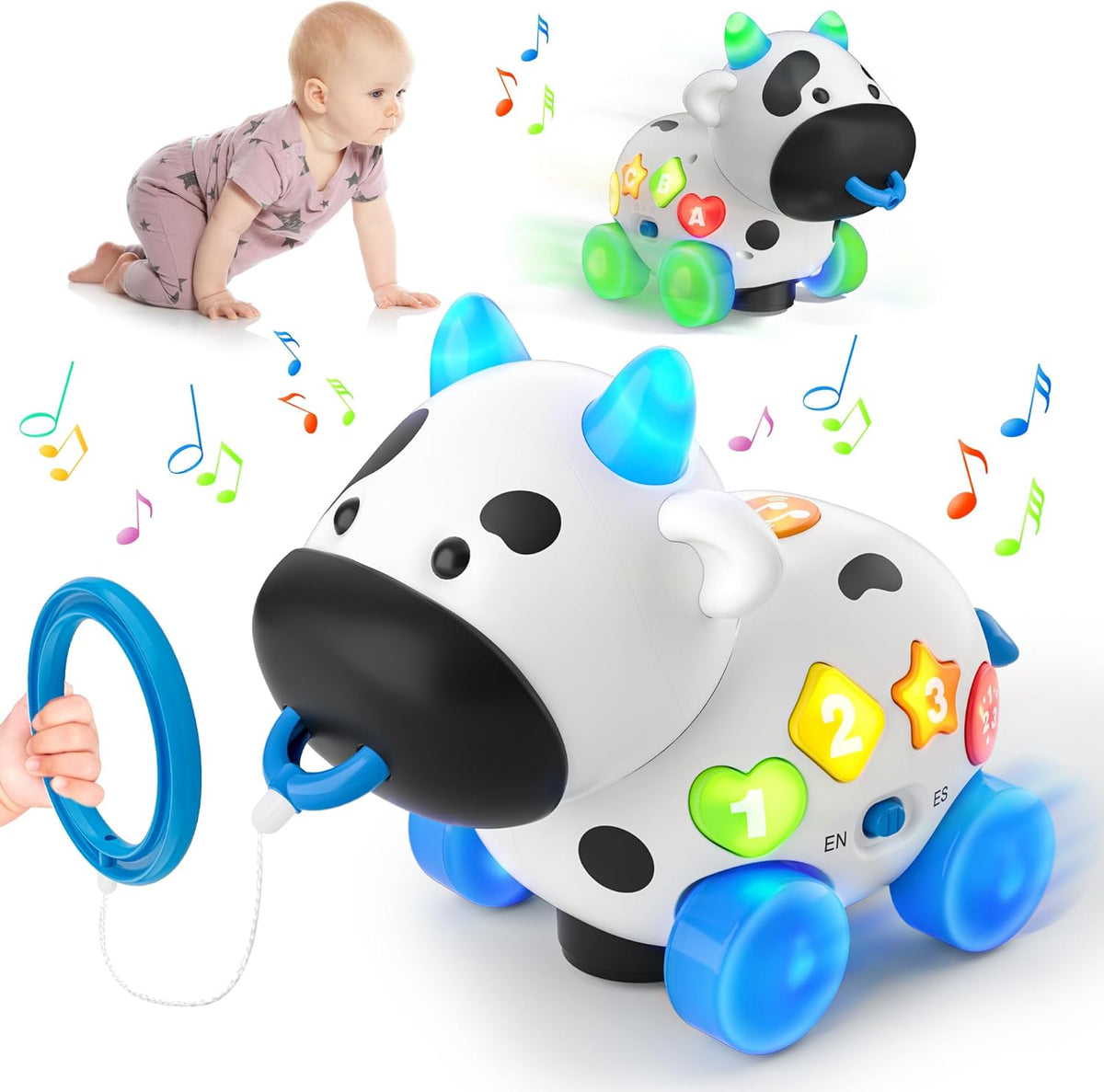 Musical Cow Baby Toys 6-12-18 Months, Bilingual Crawling Walking Toddler Educational Learning Toy for 1 Year Old Boy Girl Birthday Gifts, 6 7 8 9 10 12 Month Old