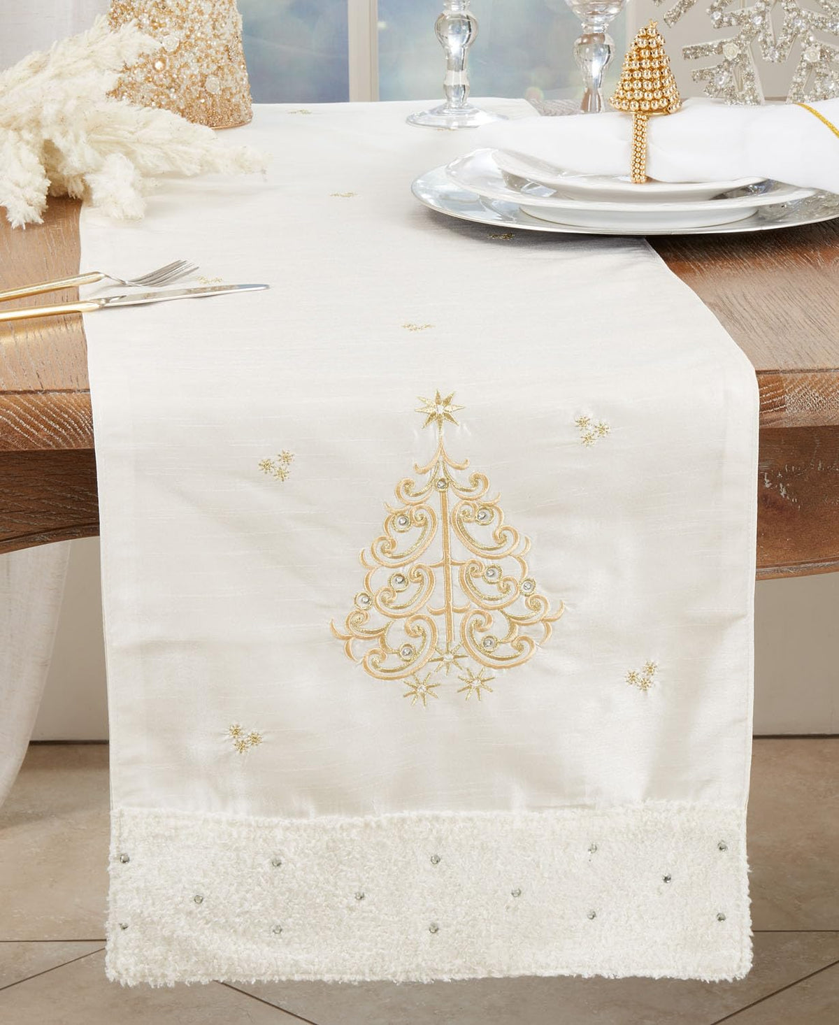 Gold Embroidered Christmas Tree Cotton Table Runner 16" W x 72" L, Christmas table decor for festive holiday dining from Cedar & Spice Gifts
