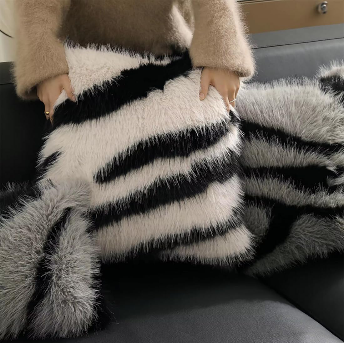 Zebra Stripe Faux Fur Animal Design Decorative Throw Pillow Cover 18" W x 18" L – Grey Plush Cushion Case for Couch, Bedroom, Living Room and Office Décor
