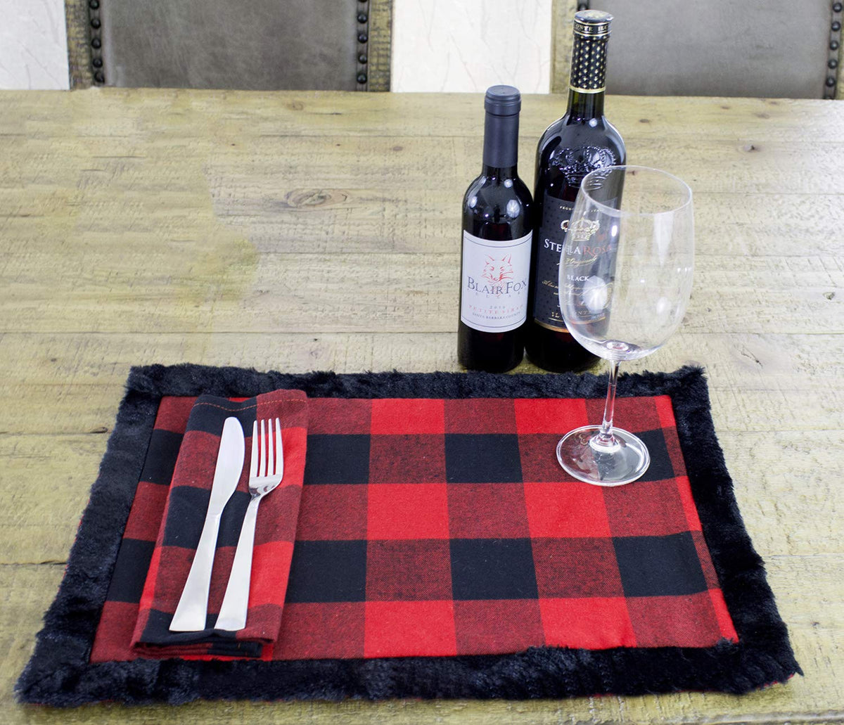 Unique Christmas Buffalo Plaid Red and Black with Faux Fur Border Design Placemat (Black Fur Placemat 13"x19" Set of 4) — decorative tabletop piece for home entertaining gift-ready decor idea