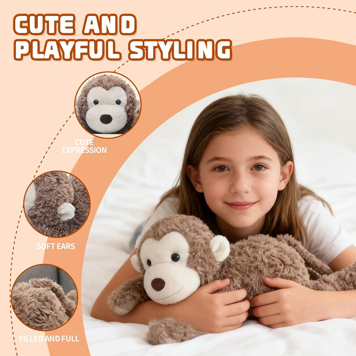 14" 7 OZ Monkey Cute Weighted Stuffed Animals,Sensory Comfort Plush Throw Pillow Toy,Monkey Plush Toys for Stress Relief, Kawaii Plushies Hugging Toy Stuffed Monkey Gifts for Kids & Adults.