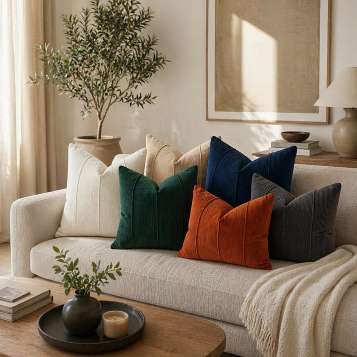 Fennco Styles Beige Chenille Lumbar Throw Pillow with Insert 12" X 20", Textured Corded Ribbed Decorative Filled Accent Pillow for Couch, Bed, Home and Cottage Décor, 1-Pack